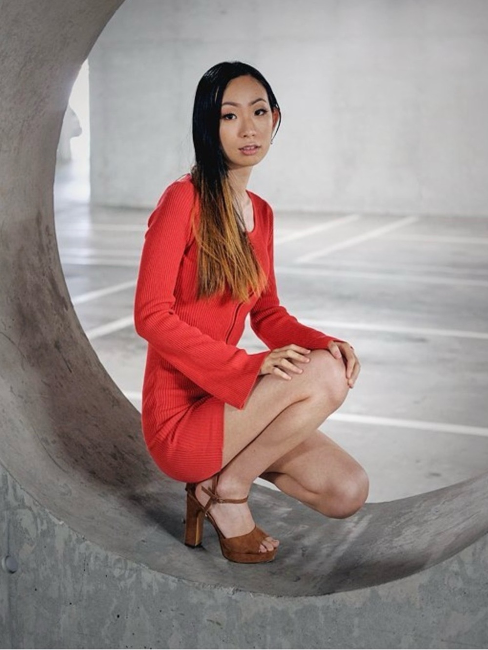 GUESS Red Ribbed Long-Sleeve Mini Dress